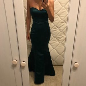 Dessy satin strapless mermaid dress in color hunter green
